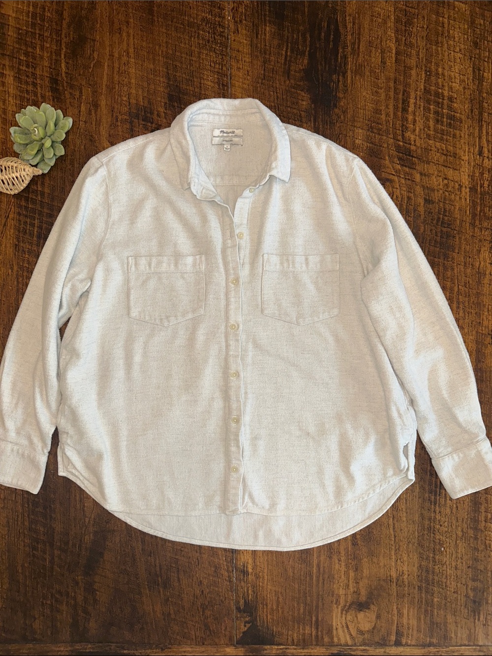 Madewell | Oversized Sunday Button Down Flannel Shirt, Light Gray, Size L